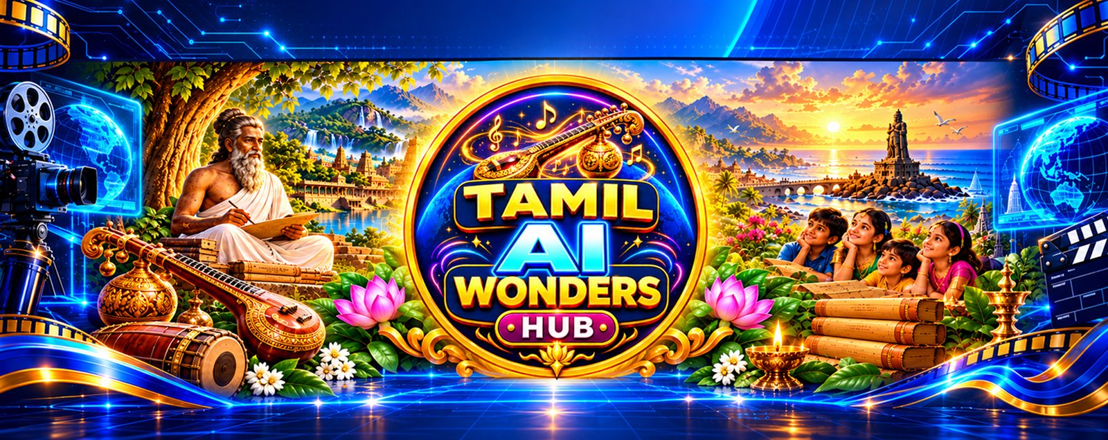 Tamil AI Wonders Hub YouTube banner with a poet, children, veena and film reels around the logo