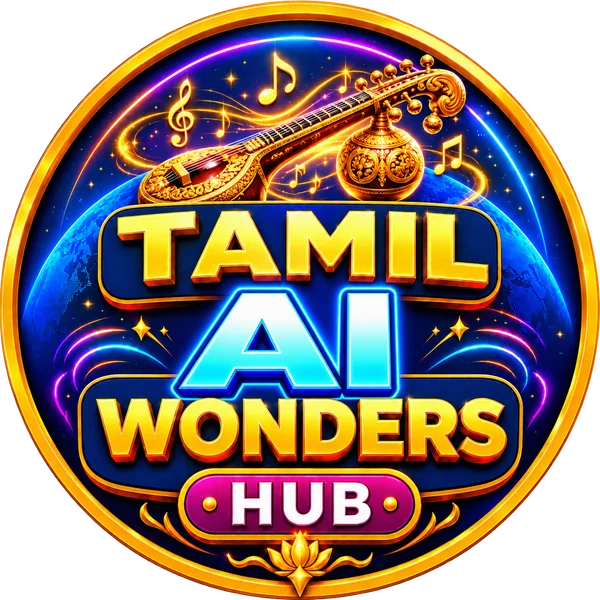 Tamil AI Wonders Hub logo: veena and music notes above the channel name